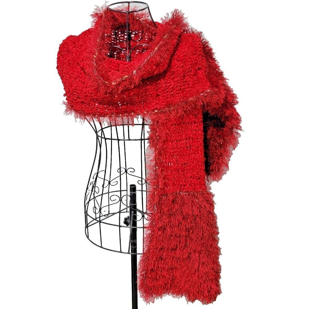 Handmade Crochet Scarf Shawl Shrug Wrap Red Super Soft Vintage 77 1/2" x 17"